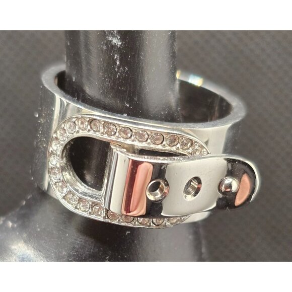 Michael Kors Silver Tone Buckle Ring Rhinestone Accents Wide Band Size 7 - Picture 8 of 8